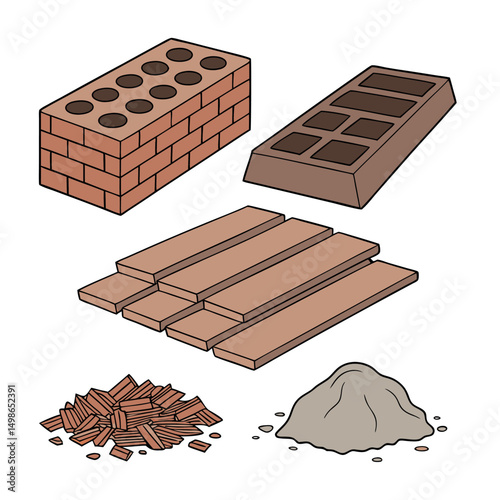 A set of Clay Bricks, lay Tiles, Ceramic Raw Materials white background
