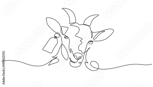 Goat for Sale Continuous Line Art – Goat Head with Ear Tag Label, Vector Illustration for Poster, Decoration, Farm, and Business