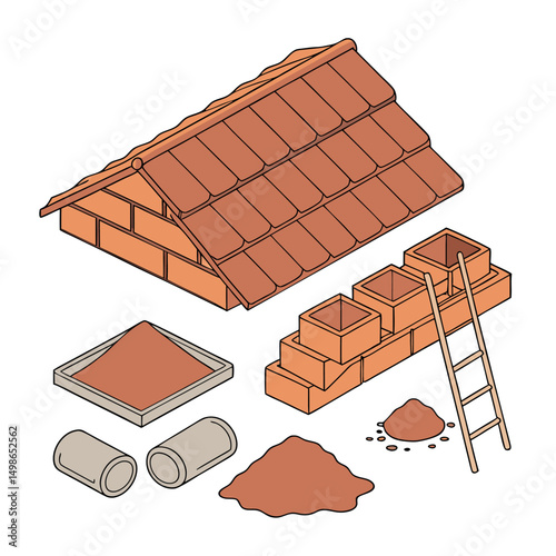 A set of Clay Bricks, lay Tiles, Ceramic Raw Materials white background
