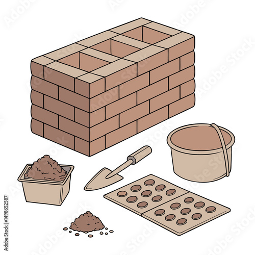 A set of Clay Bricks, lay Tiles, Ceramic Raw Materials white background