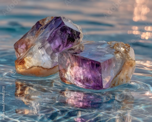Amethyst Crystals on Water Surface Reflection