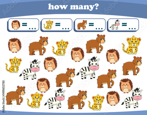 Counting game of wild animals for preschool kids. Printable. Vector Illustration