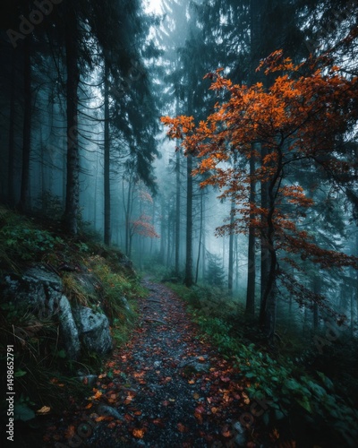Autumnal Forest Path Shrouded in Fog