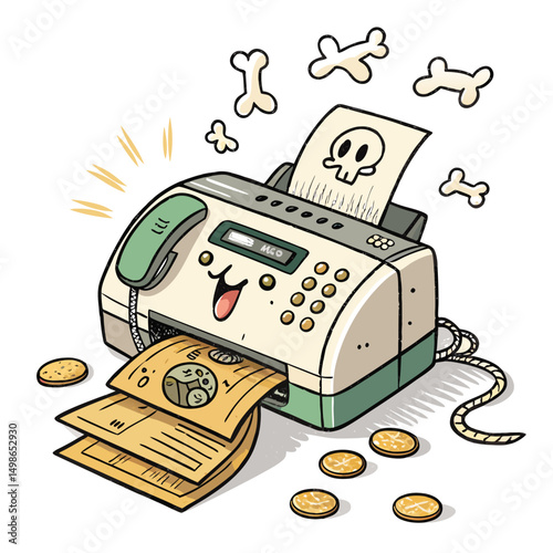 A cute, kawaii-style fax machine,  overly-saturated colors, vomiting a chaotic pile of bones and coins.  Bei-style aesthetic.