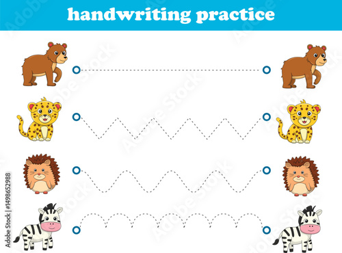 Handwriting Practice. Tracing lines for kids with animals. Vector Illustration
