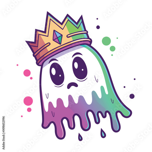 Create a kawaii illustration of a friendly ghost wearing a dilapidated golden crown, with ectoplasmic goo leaking from its form.