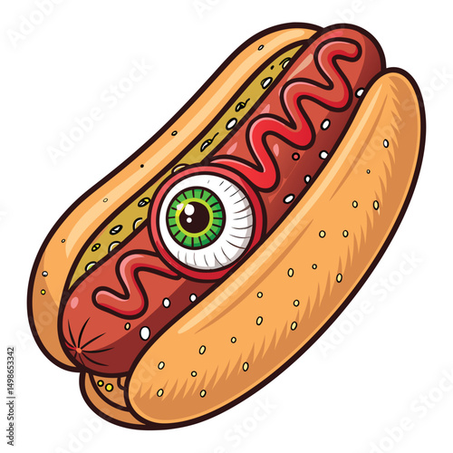 A cute, kawaii-style hot dog, sliced open to reveal a surprisingly demonic eye inside.  Illustrative style, vibrant colors.