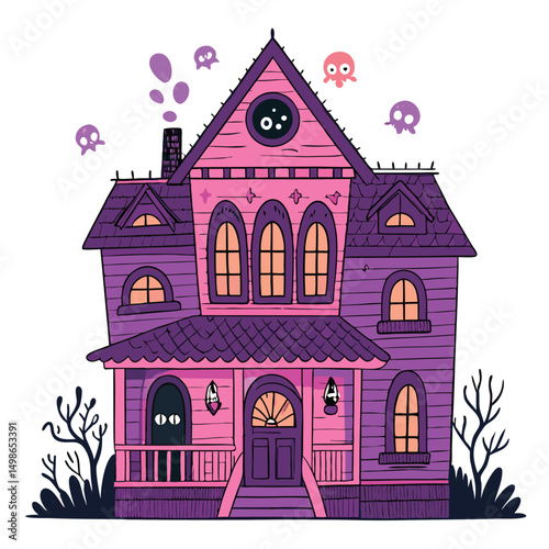 Generate a digital illustration of a kawaii haunted house, featuring cute, rounded windows, rendered in a predominantly black color scheme.  The style should be playful and slightly spooky.