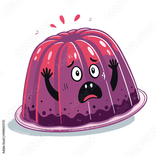 A cute, trembling jelly dessert, kawaii style, casts a large shadow, visibly afraid.  Dark background emphasizes fear.