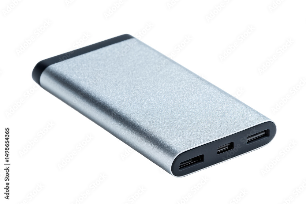 Fototapeta premium Compact silver power bank with multiple usb ports for charging devices, cut out