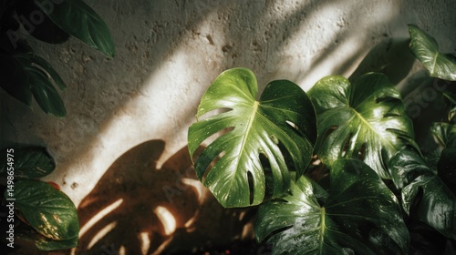 Green Monstera Leaf with Spotted Texture in Sunlight