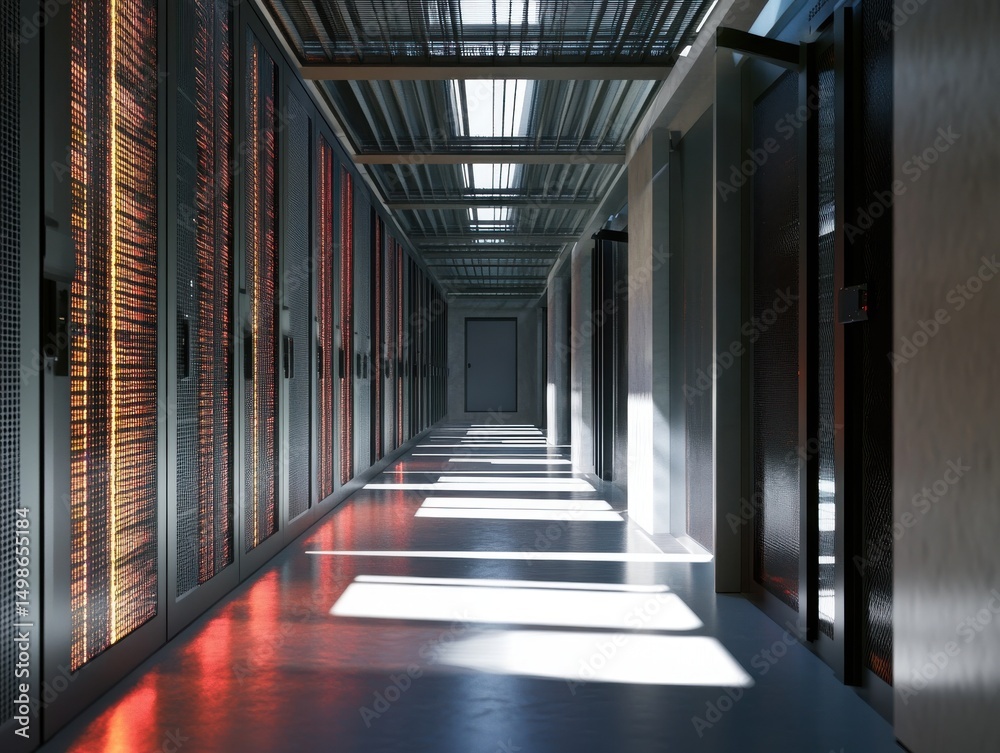 Fototapeta premium Data Center: A digitalized data center with server racks. 