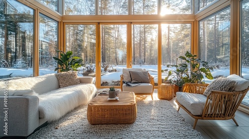 Bright sunlit living room with winter forest view through large windows and wicker furniture set