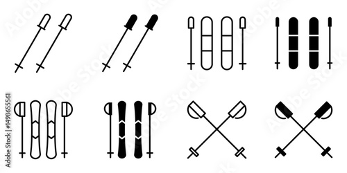 Skiing, ski, ski pole icon set