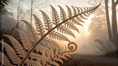 Three Dimensional Rendered Abstract Paper Sculpture Featuring Intricate Fern Like Leaves with Symmetrical Repeating Patterns in Warm Lighting and Soft Focus Background Highlighting Dramatic Chiaroscur photo