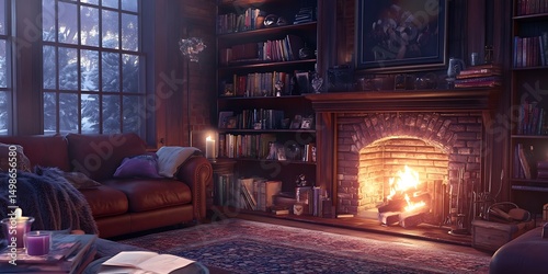 A living room of a rich bachelor in a classic style. An expensive carpet on the floor, a leather sofa, a burning fireplace, many books, framed paintings, candles, А dense forest outside the window