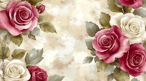 Pink and white roses, floral design, beige background, romantic wallpaper