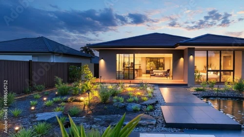 luxury house with pool and yellow lighting