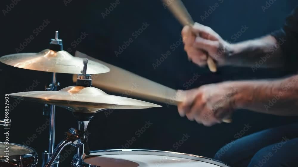 Close-Up of Drummer Beating Rhythm in Live Concert Environment
