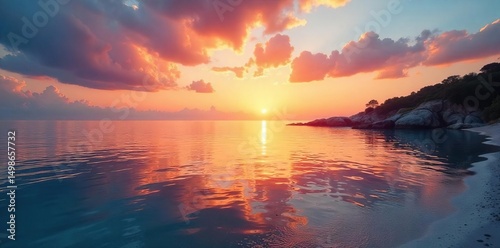 Serene bay at sunset, calm waters reflecting the vibrant sky, tranquil beach scene, idyllic coastal landscape , stunning, tranquility