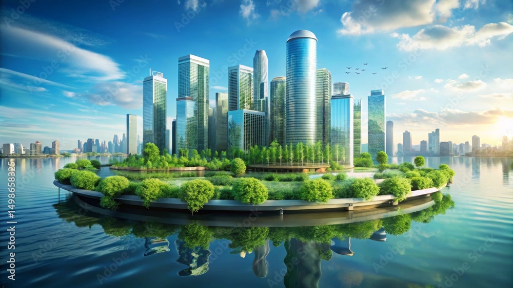 Fototapeta premium Urban Oasis A Sustainable Cityscape on a Verdant Island Reflecting in Calm Waters