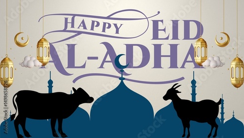 Celebratory design for Eid al-Adha featuring a silhouette of a cow and a goat against a backdrop of mosque domes