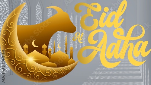 Golden crescent with mosque domes and minarets, alongside a stylized silhouette of a goat, symbolizes the festival of Eid al-Adha