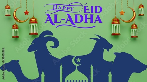 Silhouettes of animals, including a camel, sheep, goat, and cow, are depicted in blue against a green background. Above them is the text 