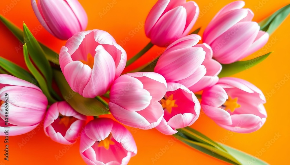 Fototapeta premium Delicate pink tulips clustered on a vibrant orange background, spring card design, colorful, spring flowers