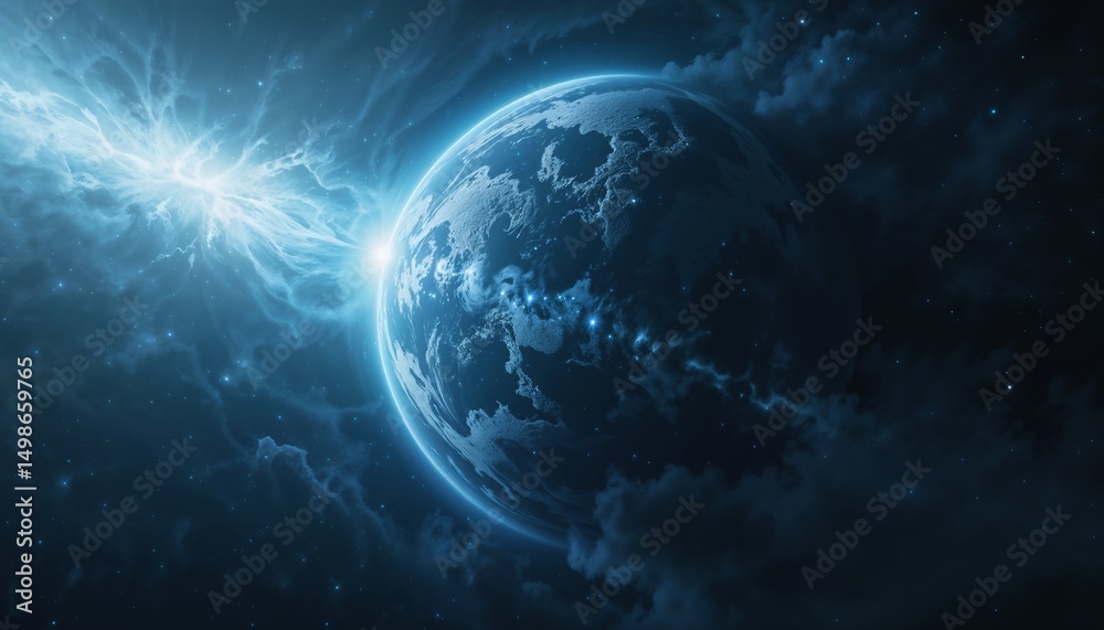 Obraz premium Glowing uncharted planet with storms and craters in deep space