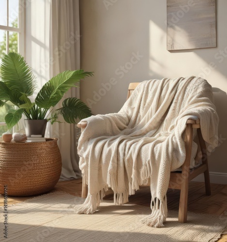 Oversized knit throw draped on a woven armchair in a sun-drenched boho living space ,  relaxing,  home decor,  room