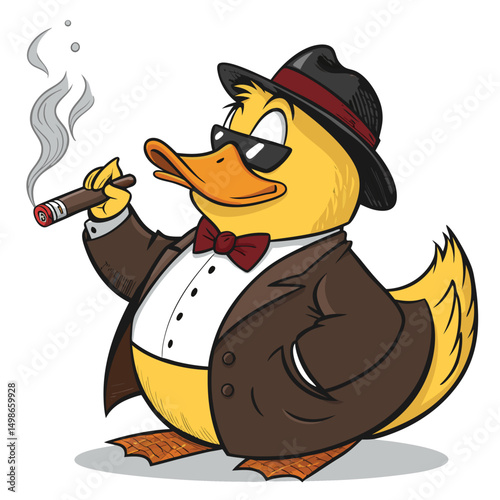 A dapper duck, mafia boss style, in a tuxedo, smoking a cigar, holding a martini glass.  Illustrate a humorous, anthropomorphic portrayal.