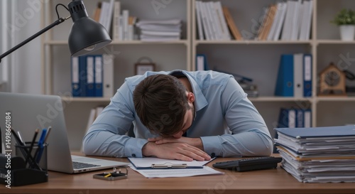 Exhausted man with head down on desk in modern office workspace  