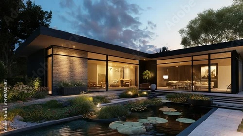 luxury house with pool and yellow lighting