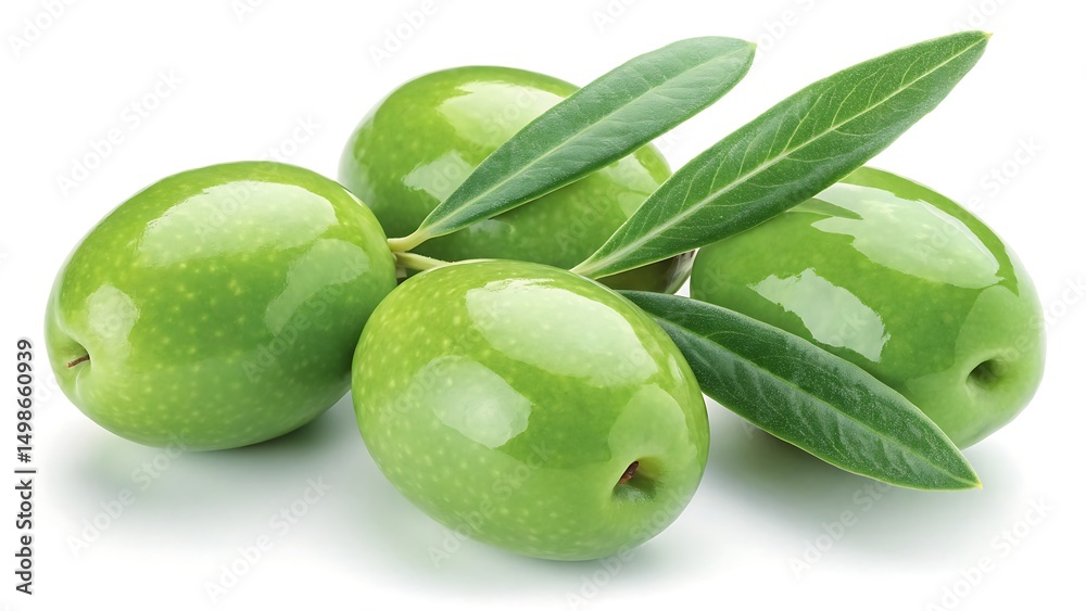 Obraz premium Fresh raw green olives on a white background with a healthy leaf, perfect for a vegetarian diet