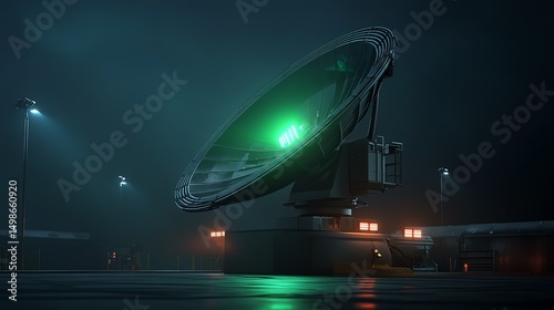 A futuristic parabolic dish emitting pulsing green light in a dark room