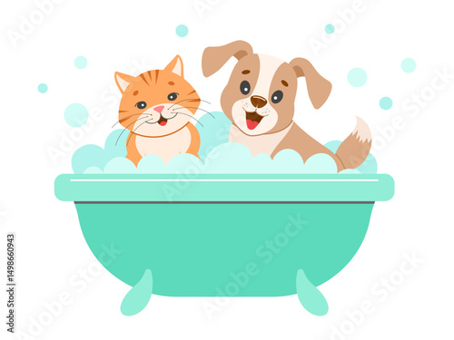 Adorable cat and dog taking a bubble bath together, perfect for pet care, grooming, or playful designs. cartoon style.