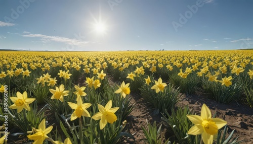 Vast field of cheerful daffodils bathed in sunlight against a clear blue sky ,  pastoral scene,  blossoms,  bloom