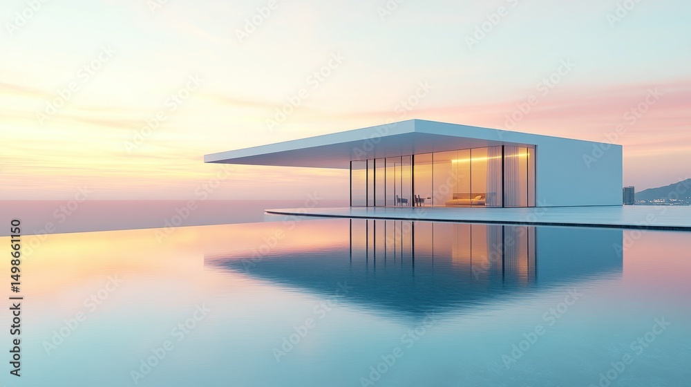 Modern minimalist pavilion by infinity pool at sunset Modern minimalist pavilion by infinity pool at sunset
