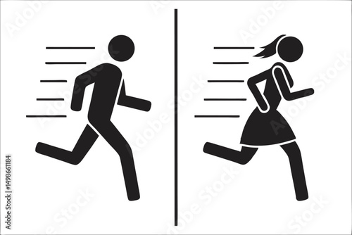 Running Man and Woman Silhouette Icons, Separated By A Vertical Line, Motion Blur, Minimalist Vector Illustration.