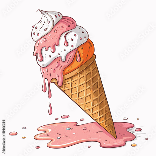 A melting pastel ice cream cone, visibly stressed, symbolizes climate change anxieties.  Show dripping ice cream and a worried expression on the cone.