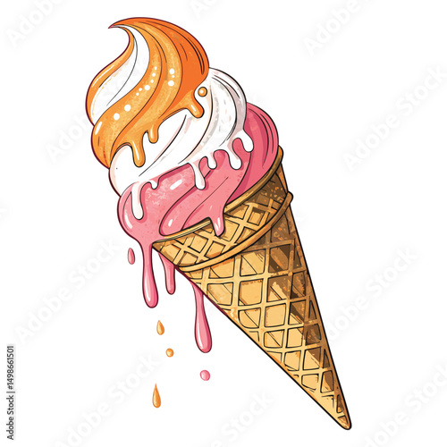 A dripping pastel ice cream cone, visibly melting, representing the stress and anxiety of global warming.  Focus on the melting process and the distressed expression on the ice cream.