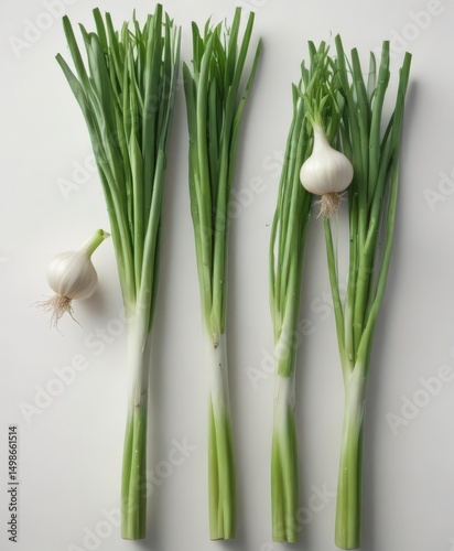 Close-up of vibrant green onion bulbs and stems against white backdrop , white, vitamins