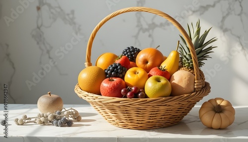 A vibrant arrangement of fresh fruit in a woven bowl in a sunlit fruit basket