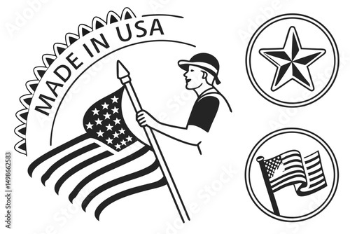"Made in USA" Patriotic Symbol Featuring American Flag and Man Holding Flagpole Isolated on White Background.