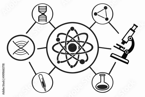 Black and White Scientific Icon Set: Atom, Molecule, DNA, Microscope, Thermometer, Beaker, Representing Scientific Concepts.