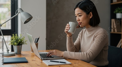 Young woman drinking coffee while working on laptop at home desk  