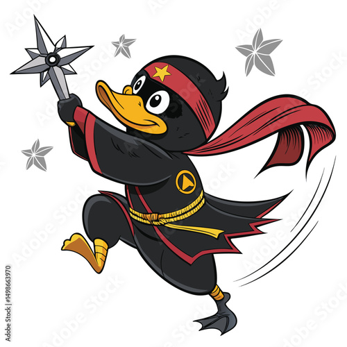 A stealthy ninja duck, wearing a miniature headband, expertly throws shuriken in a dimly lit urban alleyway.