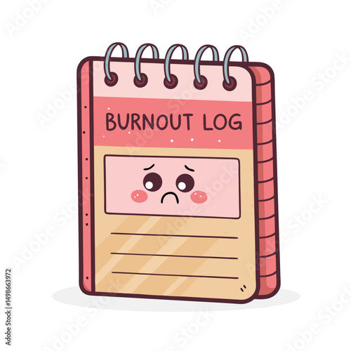 Illustrate a kawaii-style notebook d "Burnout Log," depicting a sad, chibi character alongside entries detailing exhaustion and stress.