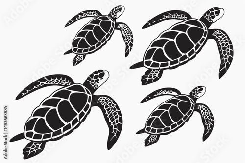 Sea Turtle Silhouette Vector Set: Marine Life Graphic Illustration of Four Turtles in Black and White Design.